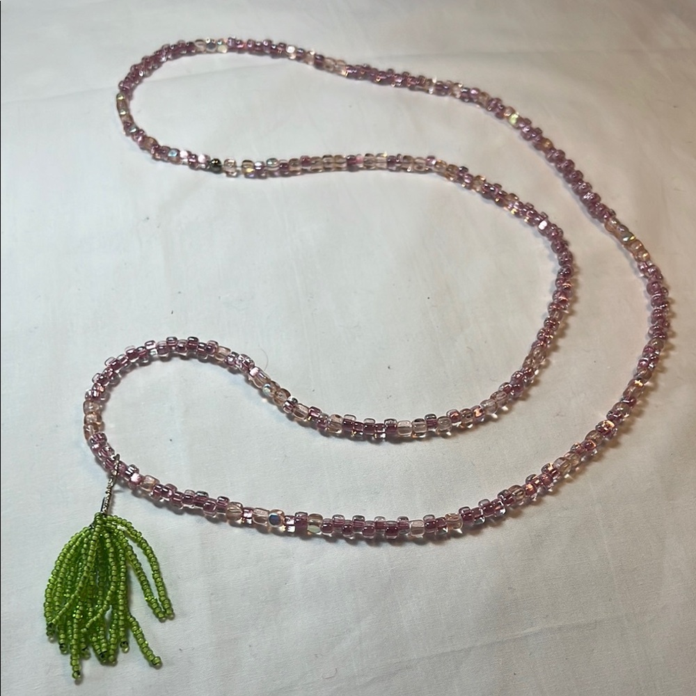 Chic Beaded Necklace with Green Tassel